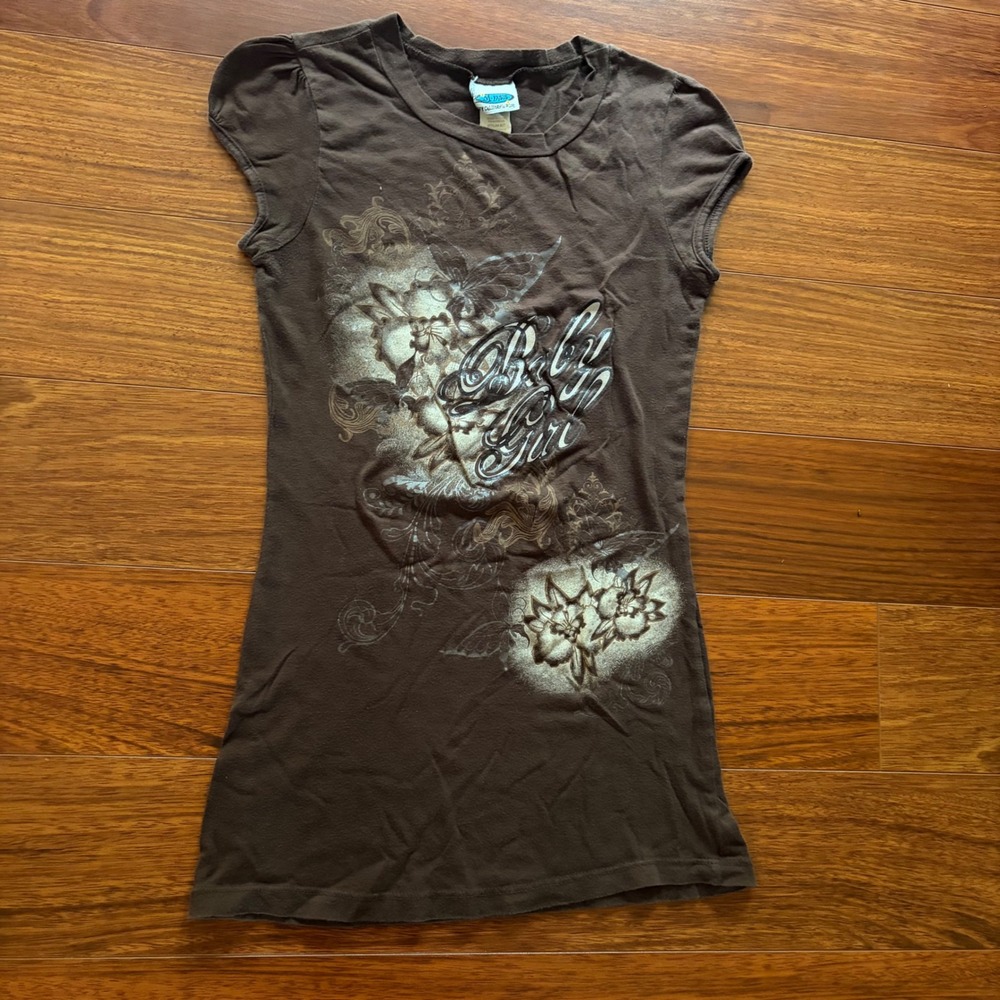 Y2K Baby Girl Graphic Fairy T-Shirt Brown Cotton Cap Sleeve Streetwear Size M